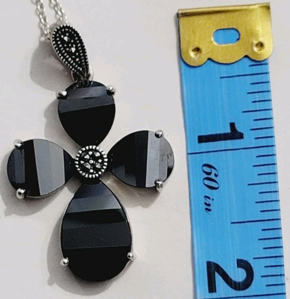 Large Black Onyx Gothic Cross Pendant Necklace 18"